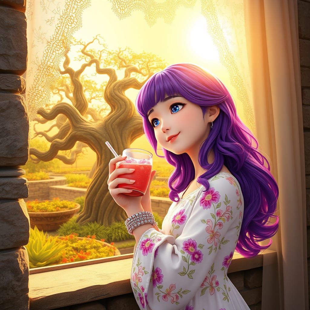 Girl Leans on Stone Wall, Gazing Out at Serene, Whimsical Ga...