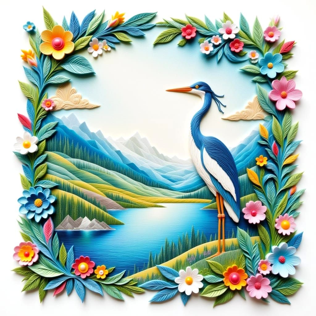 Soft Serene Heron in a Vibrant Blue and White Oasis