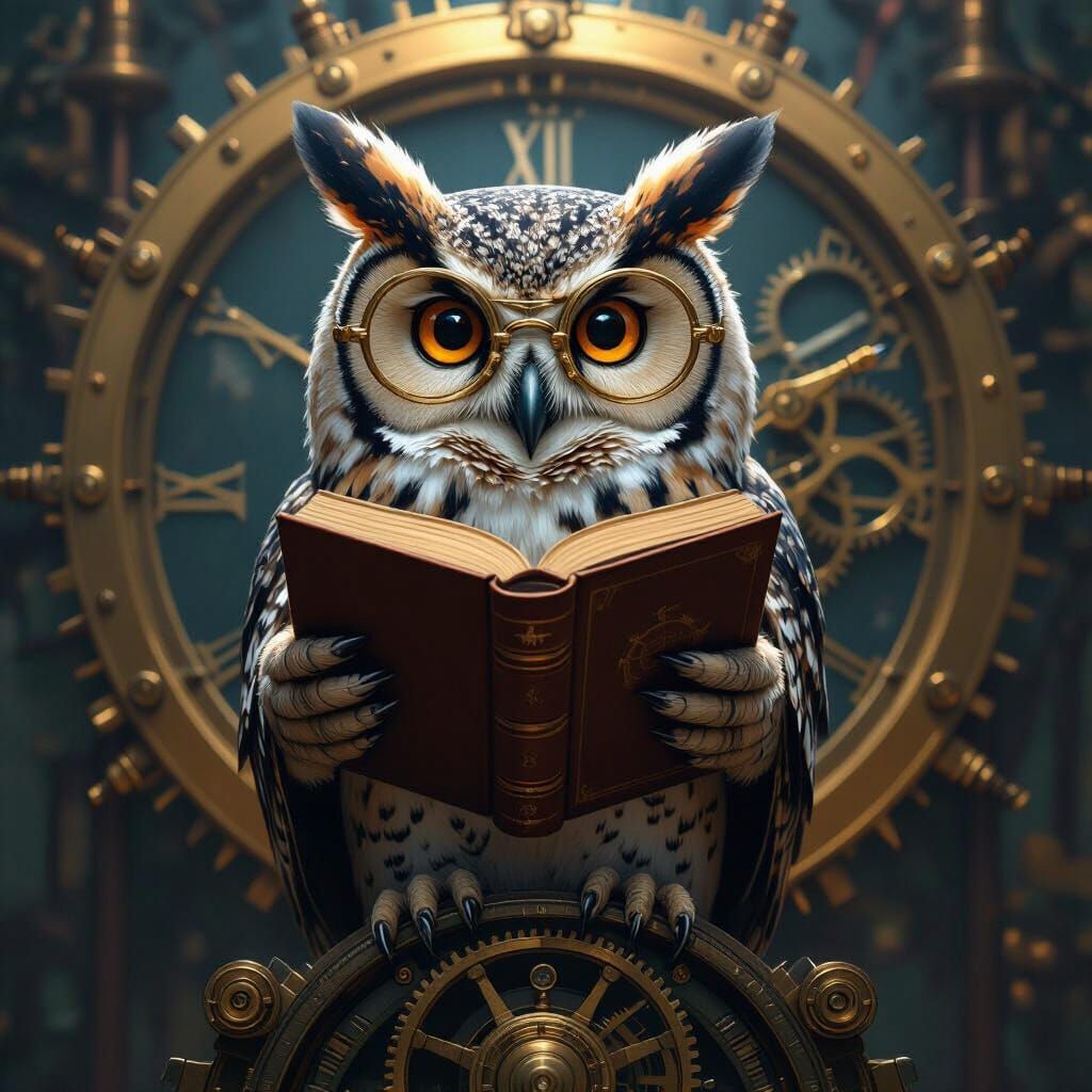 Clockwork Owl with Book in Digital Art Style