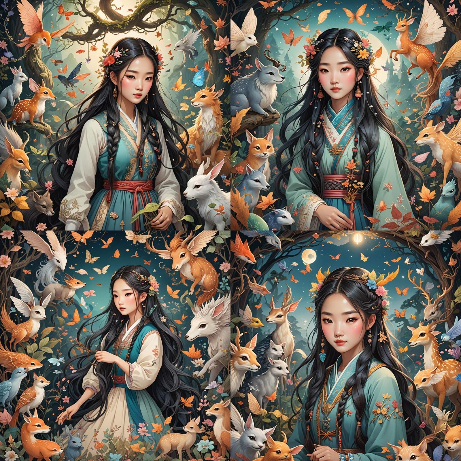 Korean Girl in Fairy-Tale Style with Magical Creatures