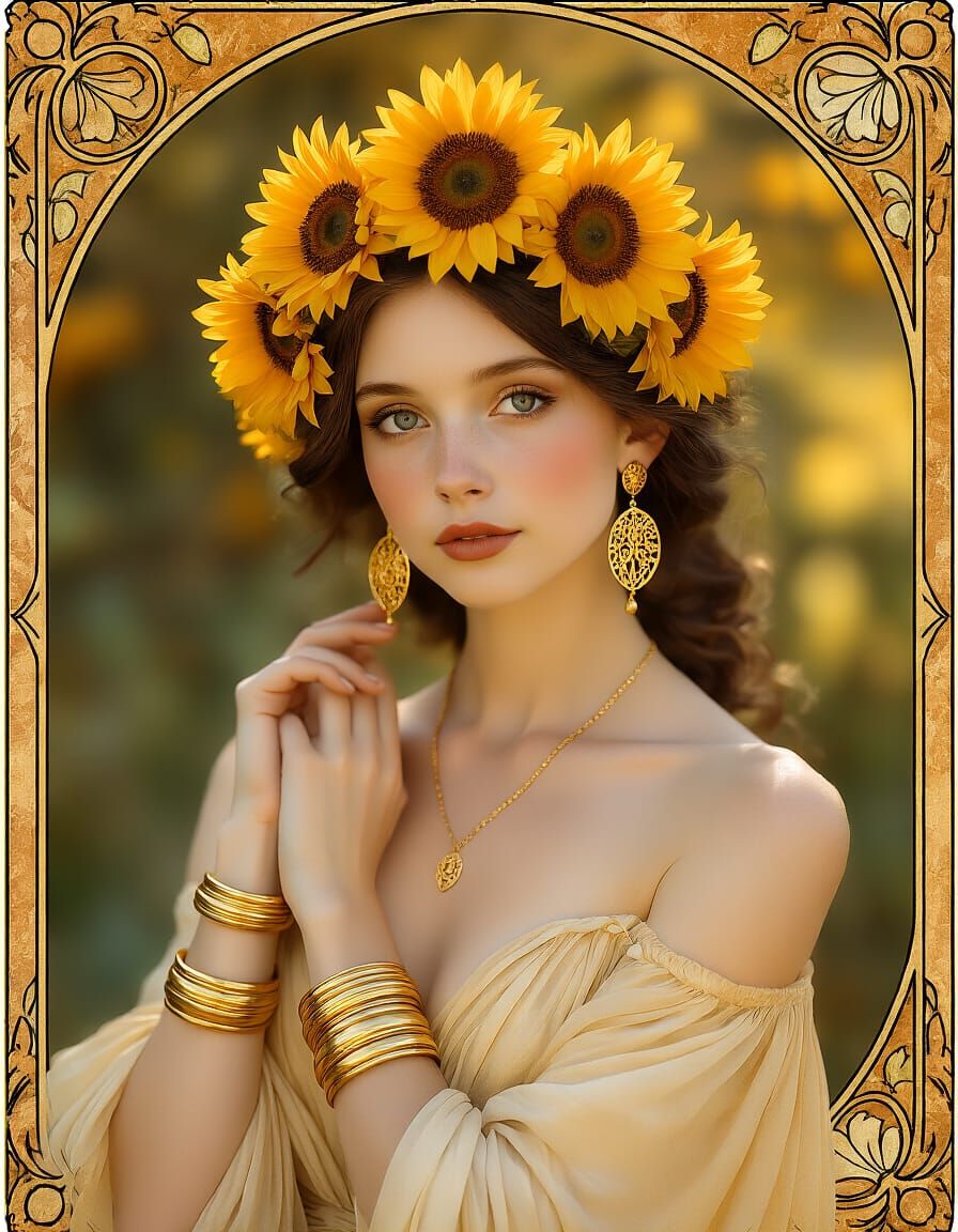 Woman with Sunflowers, Art Nouveau Style