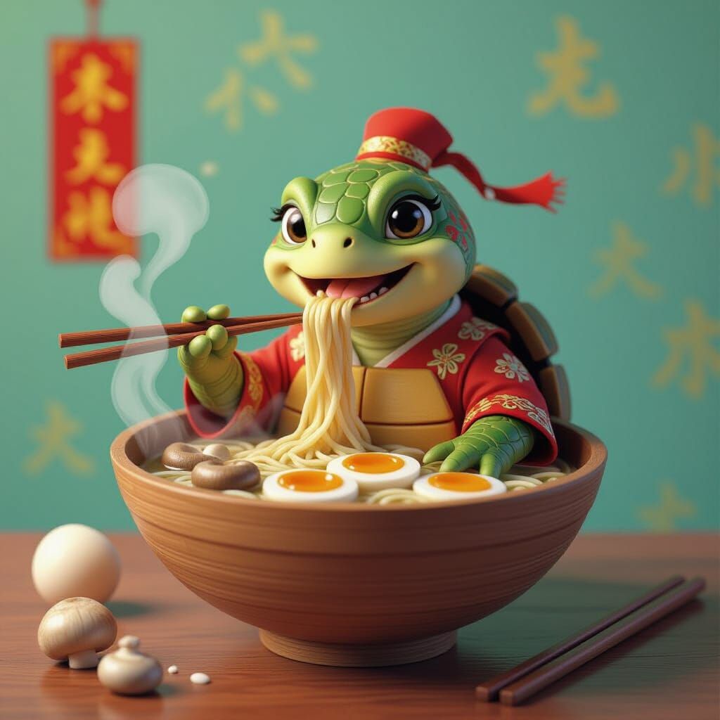 Joyful Turtle Slurping Ramen: Abstract CGI Art