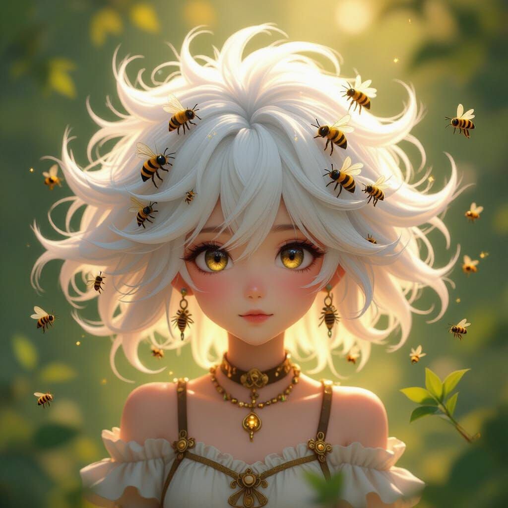 Anime Girl with Bees in Hair, 3D Render
