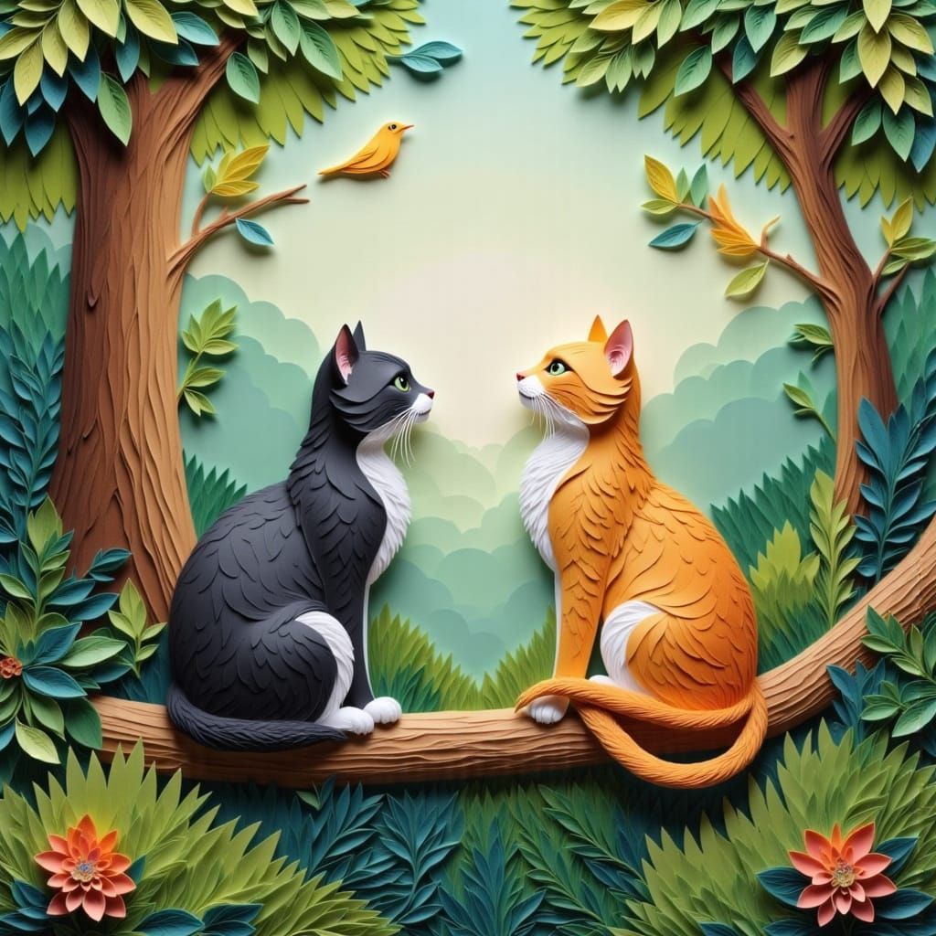 cats sitting in trees looking at birds