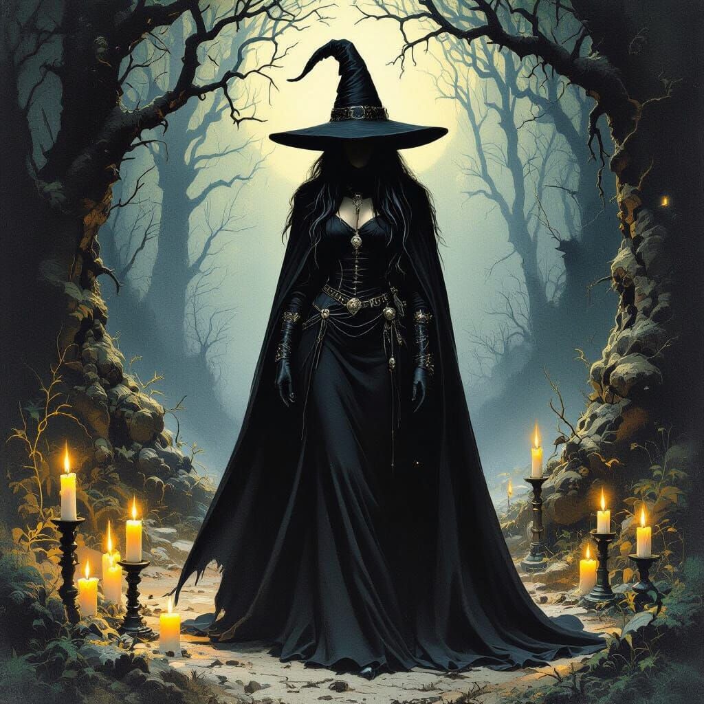 Mystical Witch in Dark Fantasy Forest