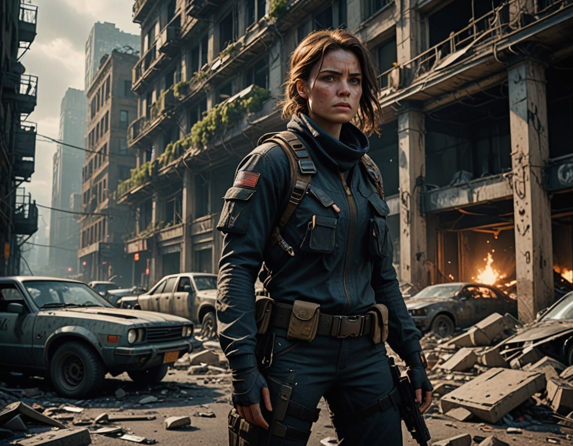 Cyberpunk Heroine Stands Tall in Ruins of a Thriving Metropo...