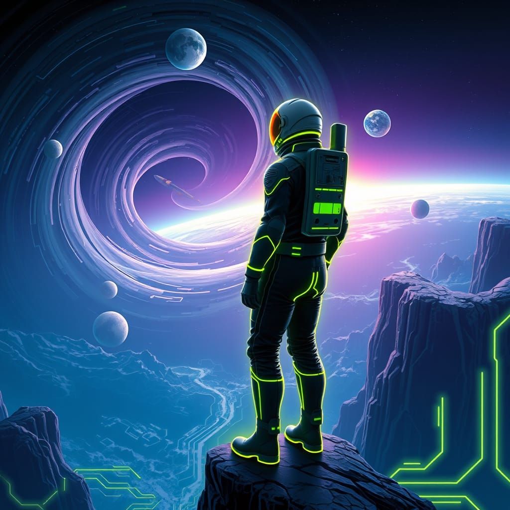 Futuristic Astronaut on the Edge of a Cosmic Vortex
