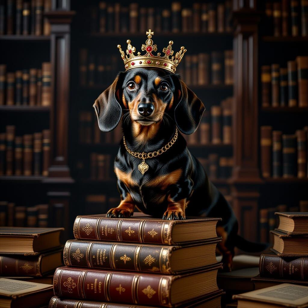 Wise Dachshund King Crowned on Ancient Books
