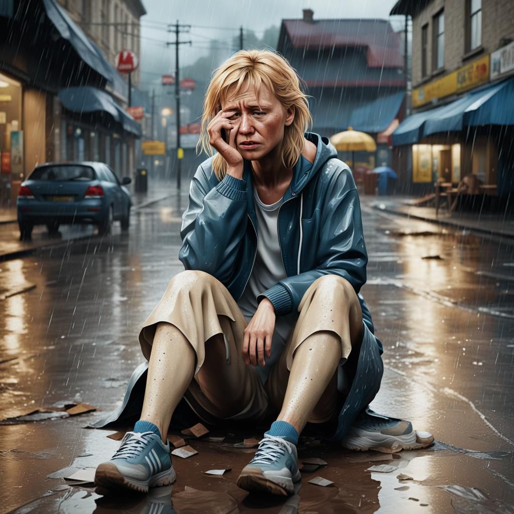 Crying Woman in Rainy Town: Photorealistic Image