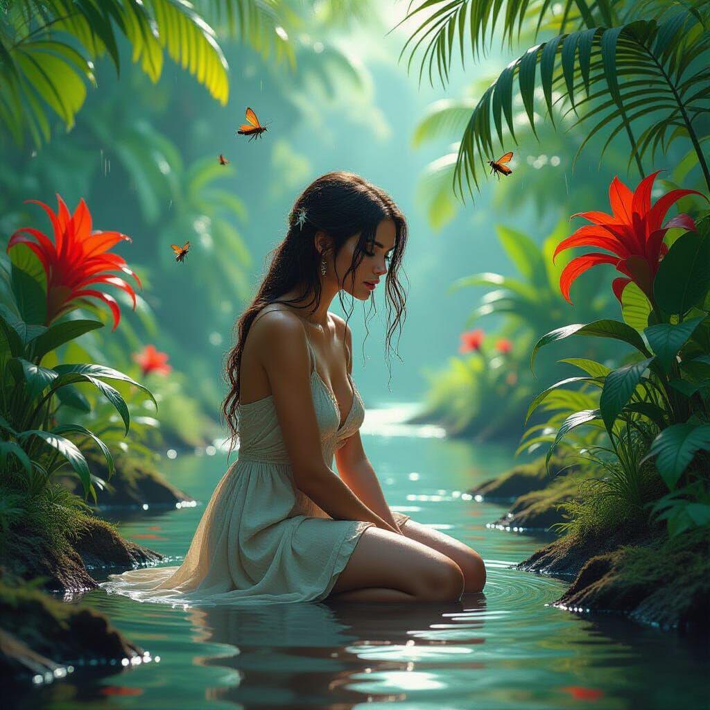 Prehistoric Jungle River Scene in Dark Surrealist Style