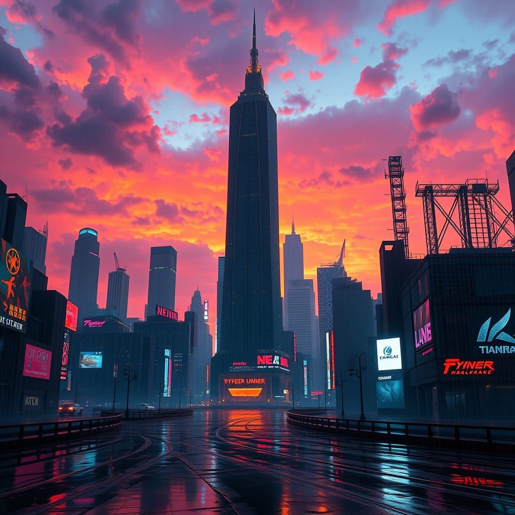 Cyberpunk Cityscape at Dusk in Neon-Lit Futurism