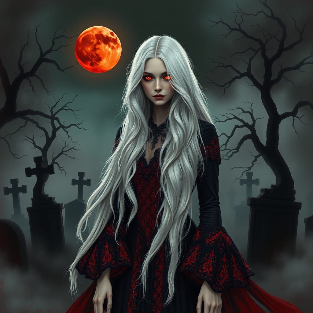 Ethereal Victorian Vampire Queen in a Dark Cemetery