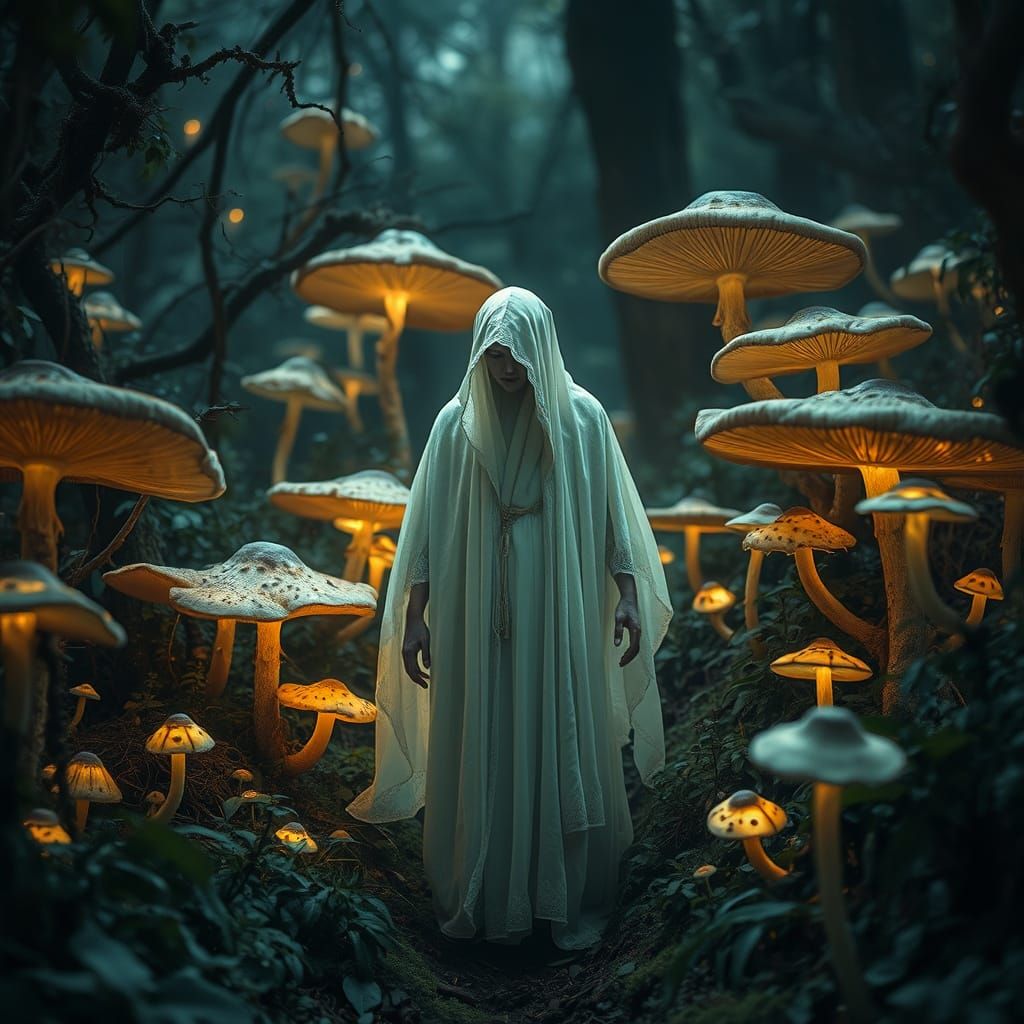 Ethereal Spirit Among Luminous Fungi