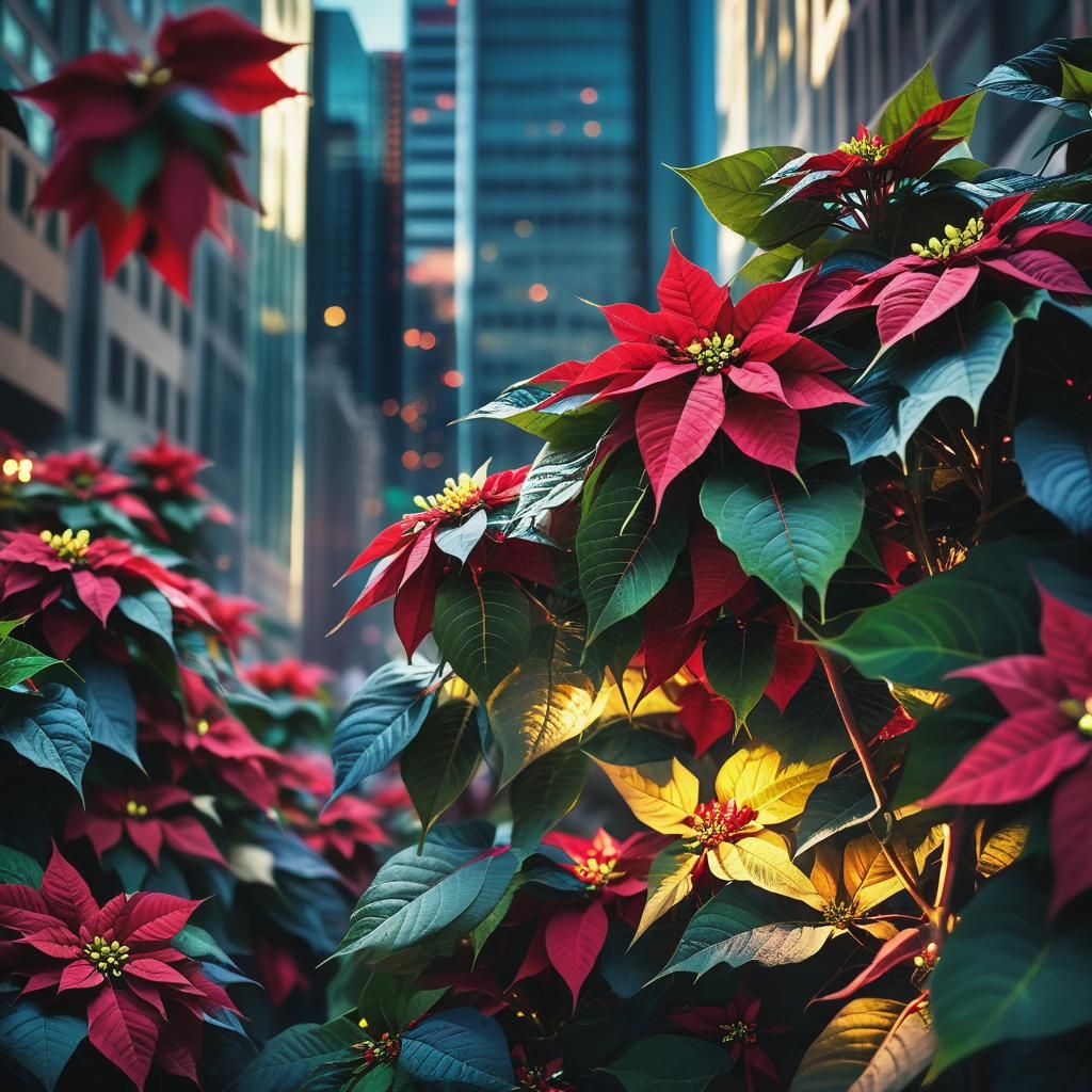 Mystical Poinsettia Blooms in Urban Fantasy Cityscape