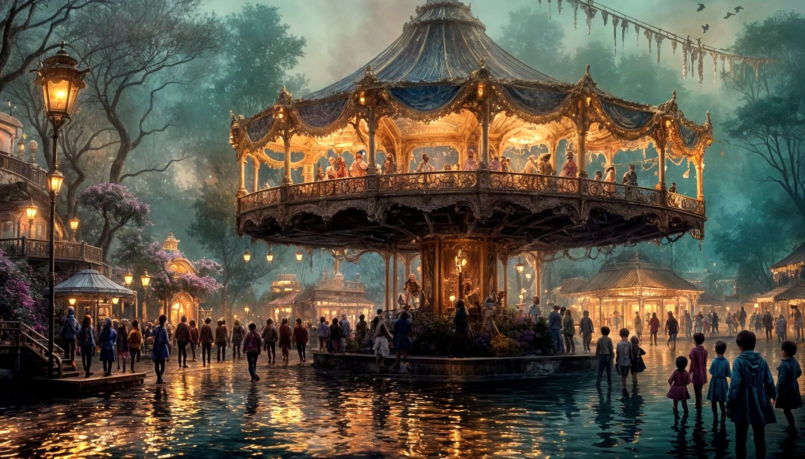 Whimsical Amusement Park on a Serene Lake