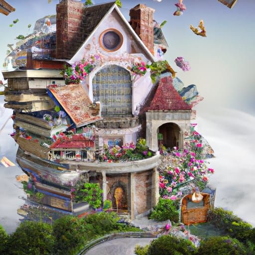 Fantastical House Made of Books in Ethereal Landscape