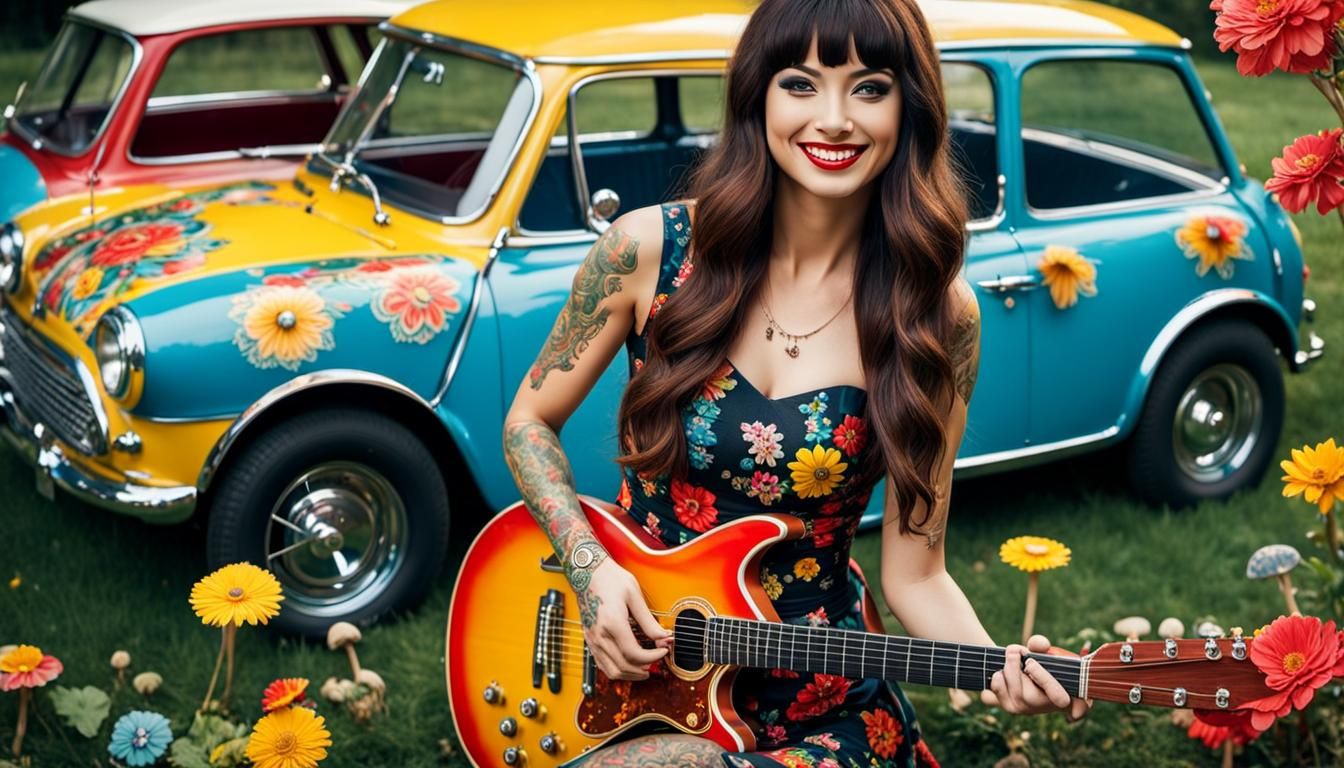 Brunette with Guitar in 1960s Tattoo Style