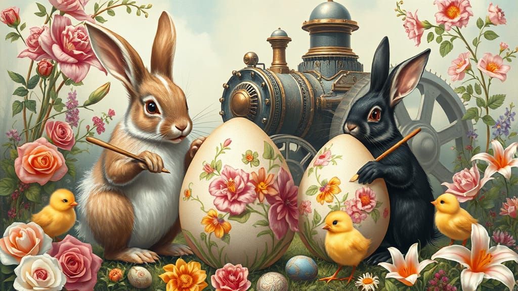 Rabbits and Chicks Painting Easter Eggs