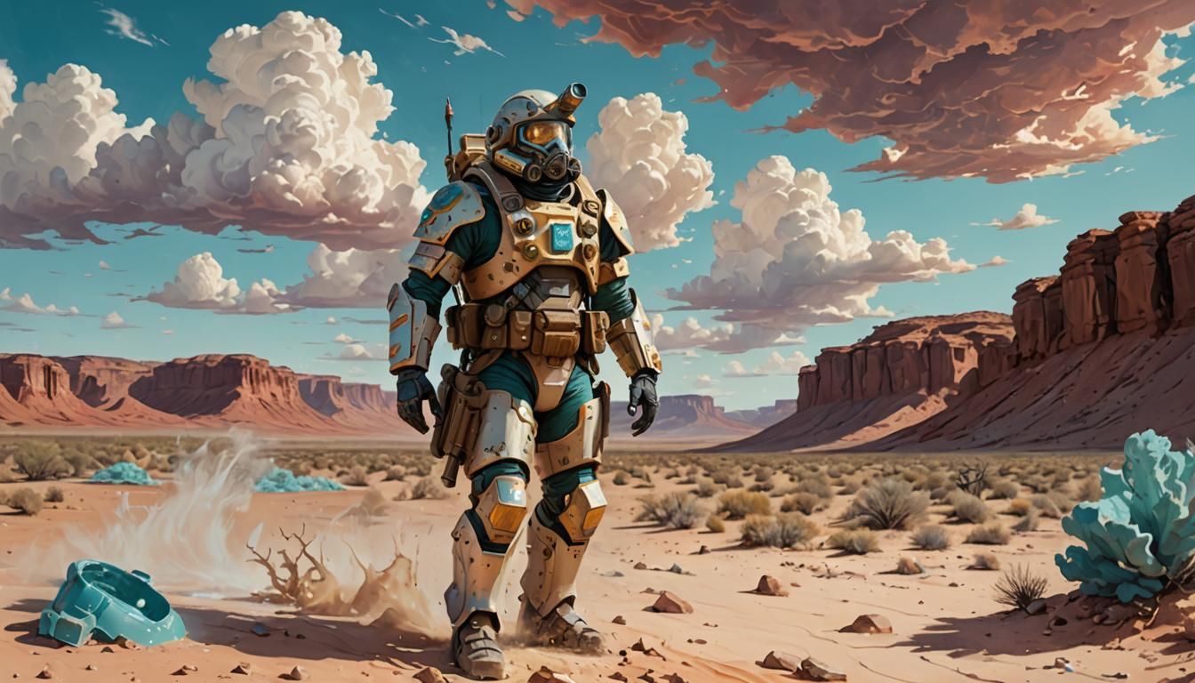 Desert Prospector in Powered Armor Amidst Red Mesas