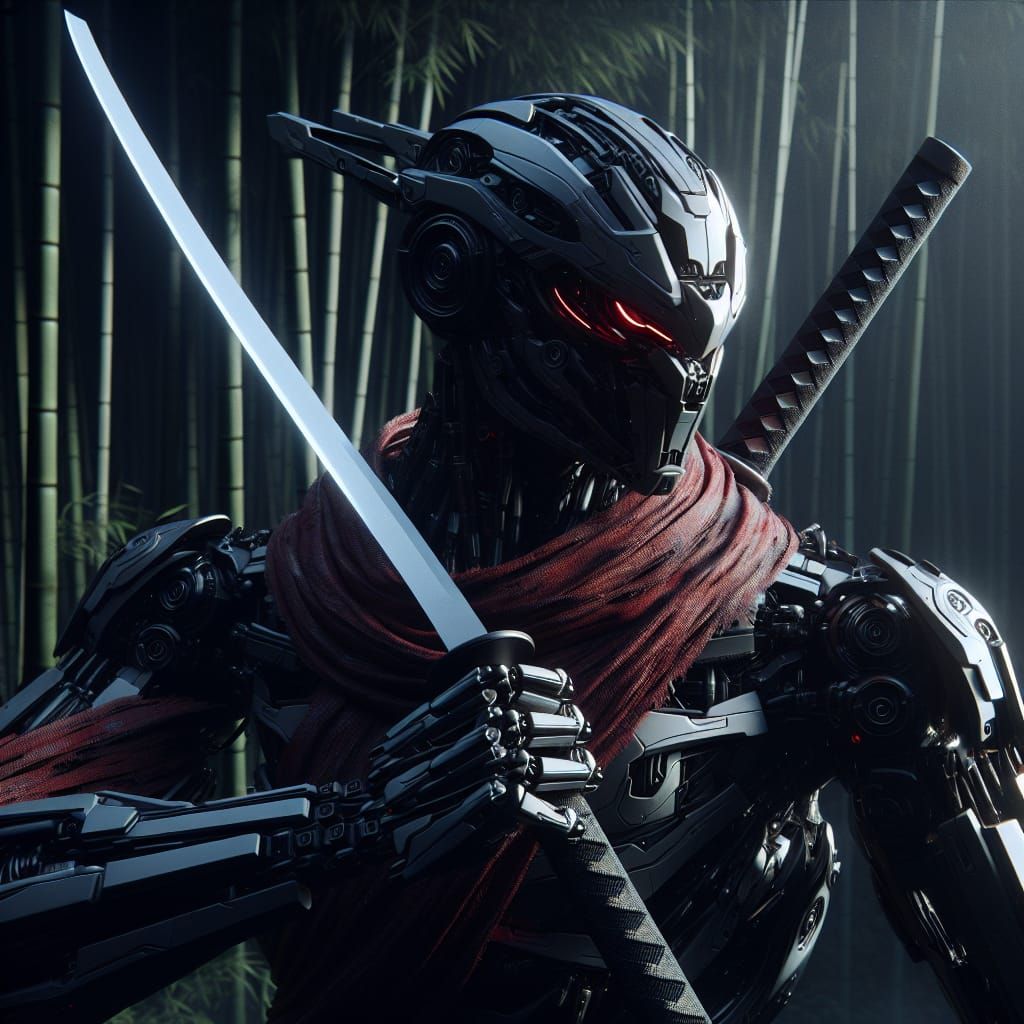 Ninja Machine with Sword in Bamboo Forest