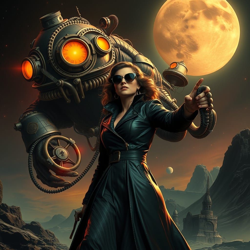 Steampunk Cyberpunk Woman Attacked by Metal Beast on Dark Ra...