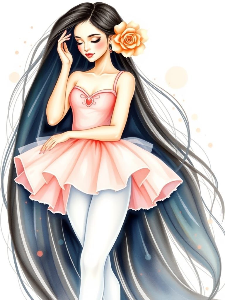 Ballerina with Rose in Hair, Watercolor Style
