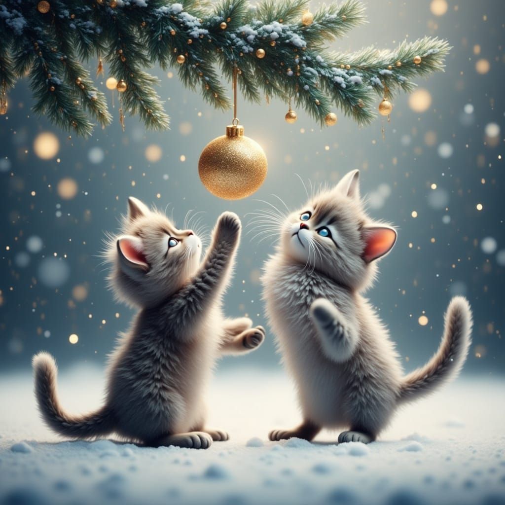 CGI. A whimsical scene of anthropomorphic cats playfully bat...