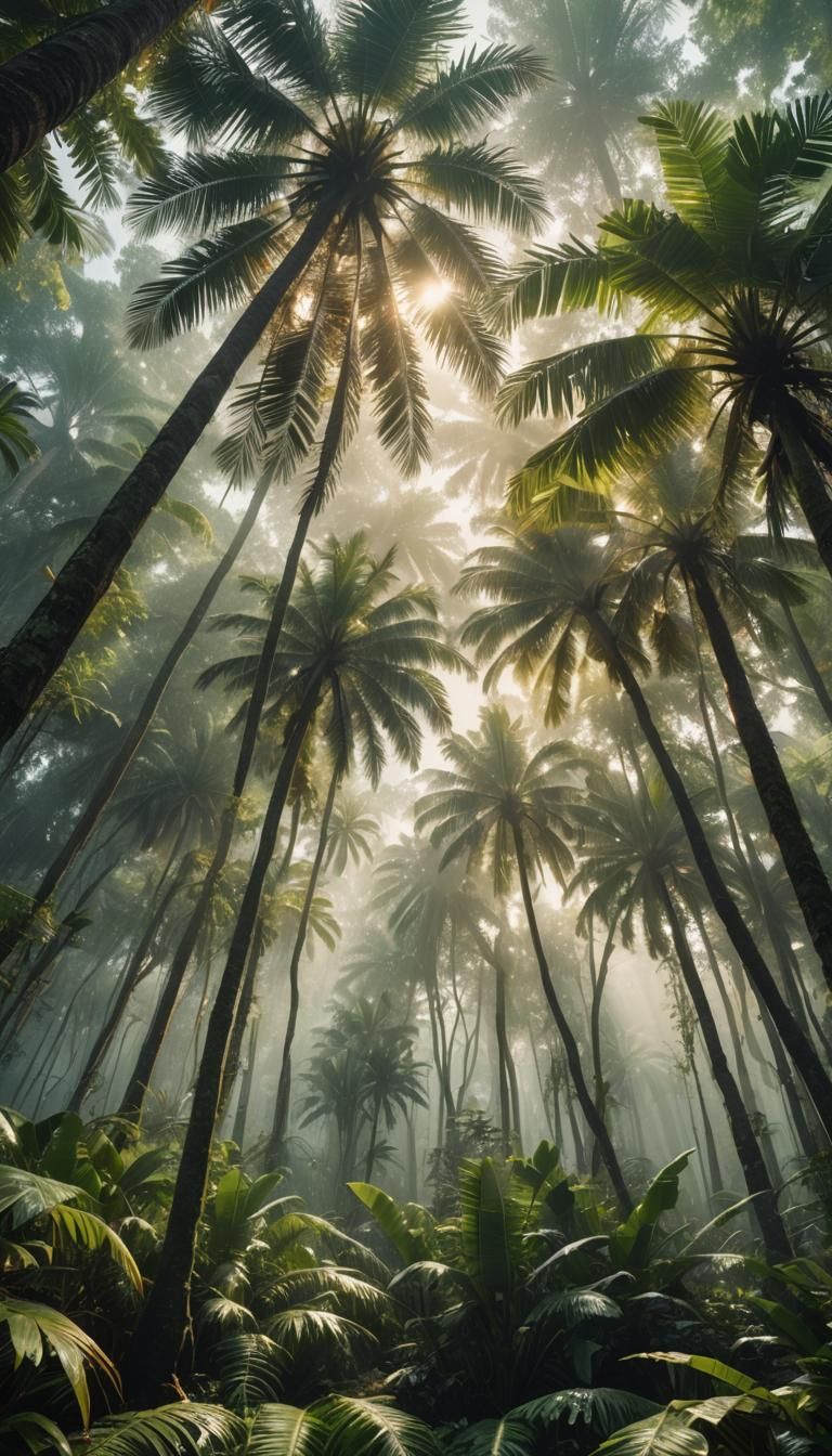 Lush Tropical Forest with Sunlight and Mist