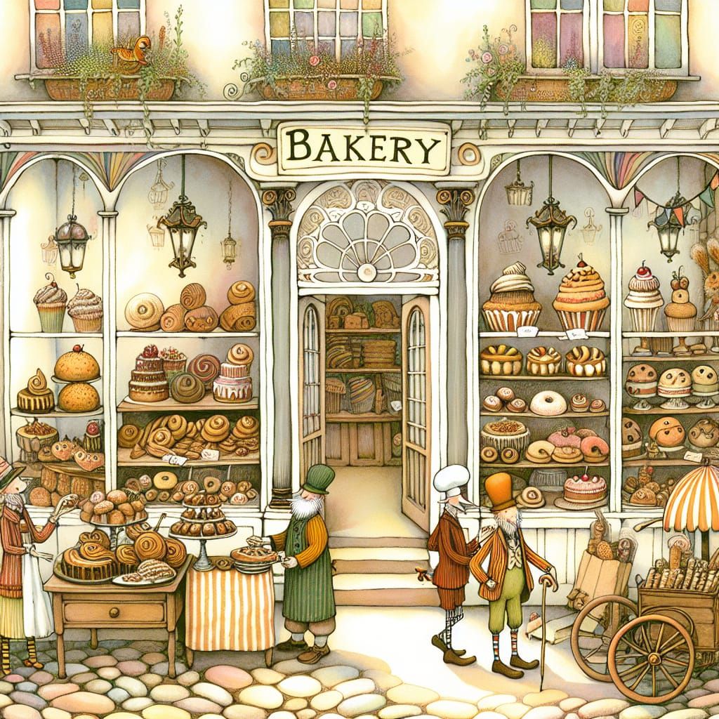 Vintage Whimsical Bakery Scene with Colorful Treats and Char...