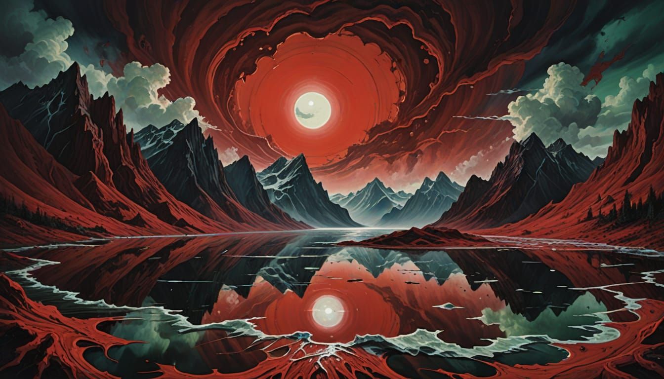 Blood-Red Lake Under Watchful Eye: Surreal Painting