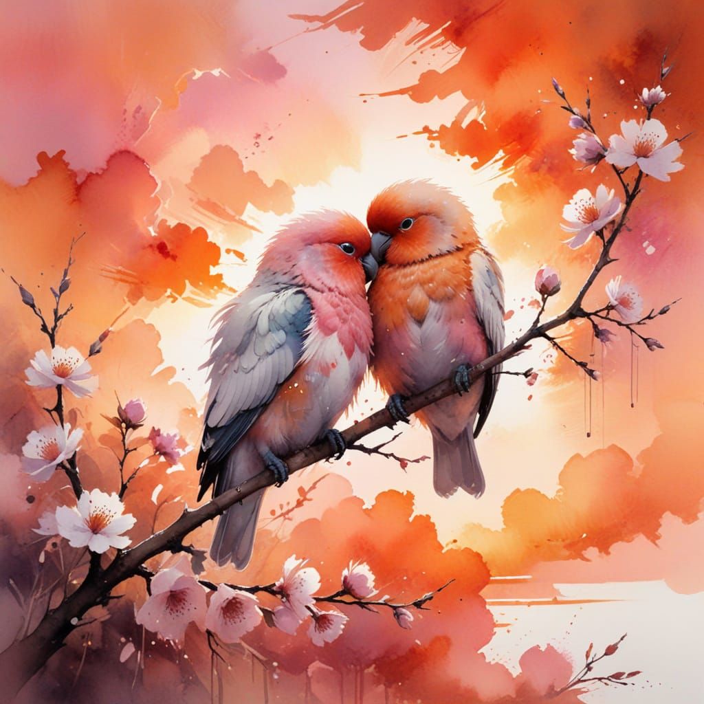 Lovebirds at Sunset in Soft-Focus Watercolor Style