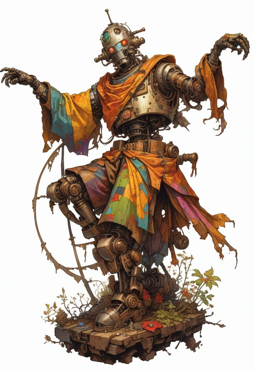 Post-Apocalyptic Steampunk Robot Scarecrow Illustration