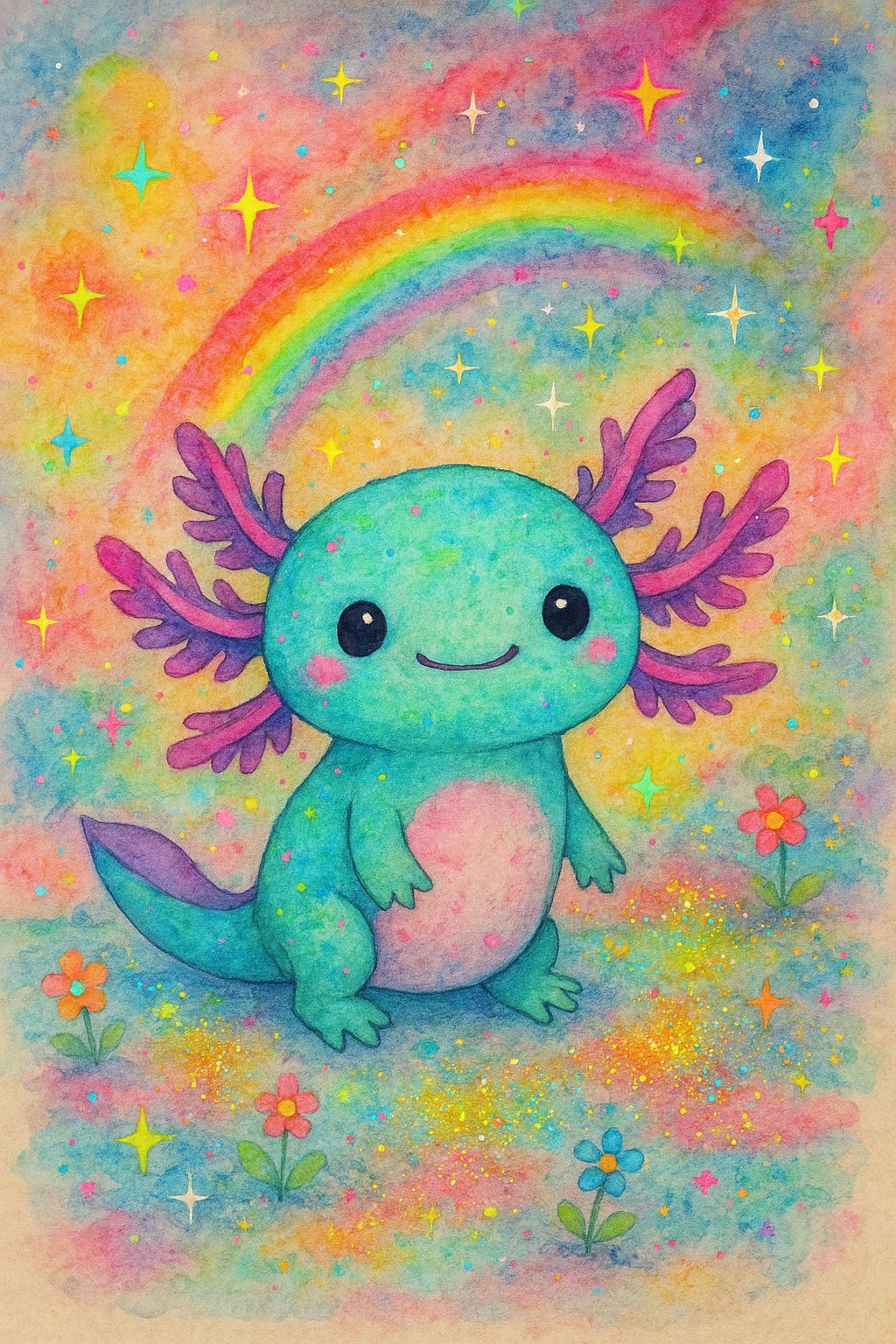 Neon Watercolor Axolotl with Rainbow Sparkles