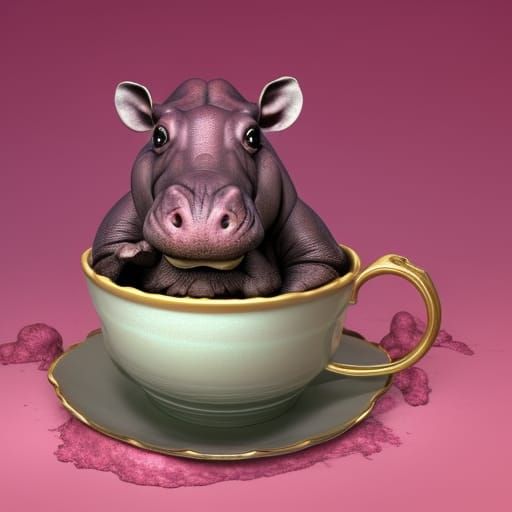 Cute Hippo in Teacup: Detailed Fantasy Art