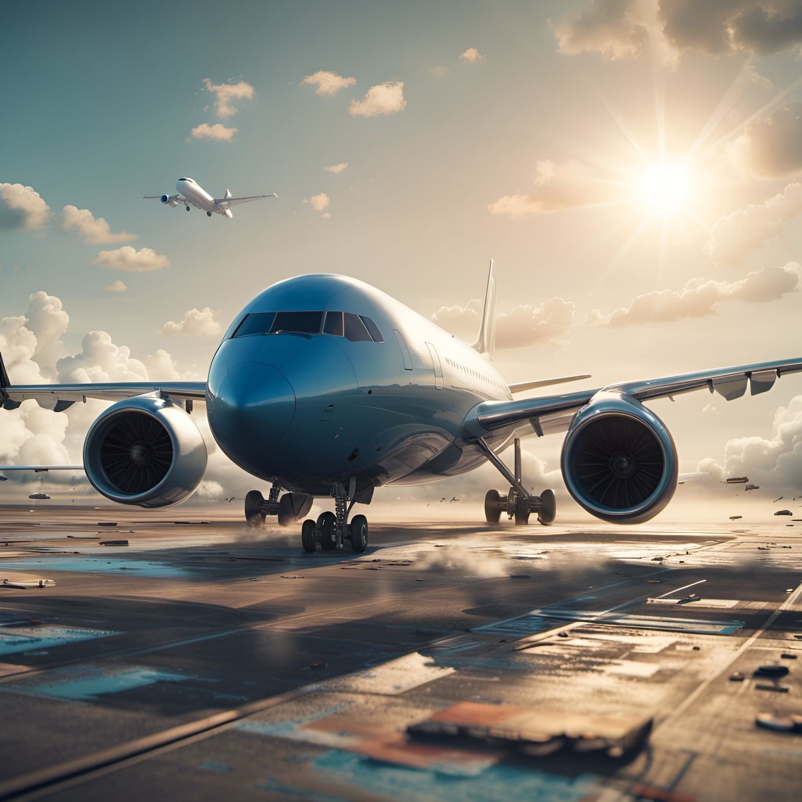 Airplane on Runway: Detailed Matte Painting in Deep Color