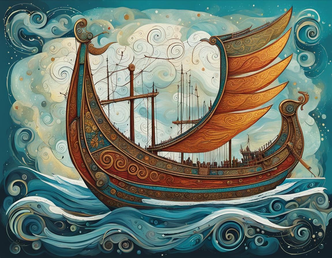 Winged Viking Longship in Abstract Style