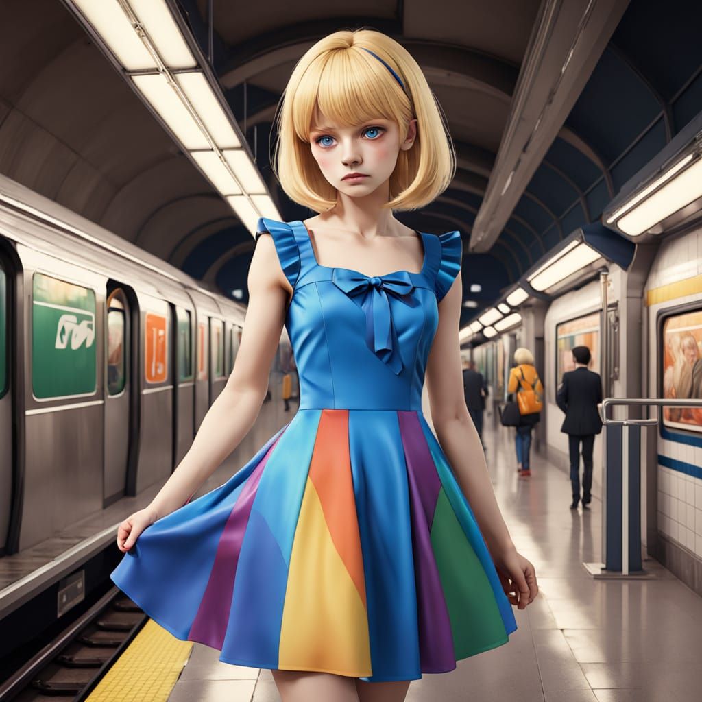 Young Man in Rainbow Dress at Subway Station