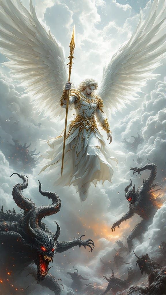 Surreal White Archangel Descends Upon Fractal Landscape in B...