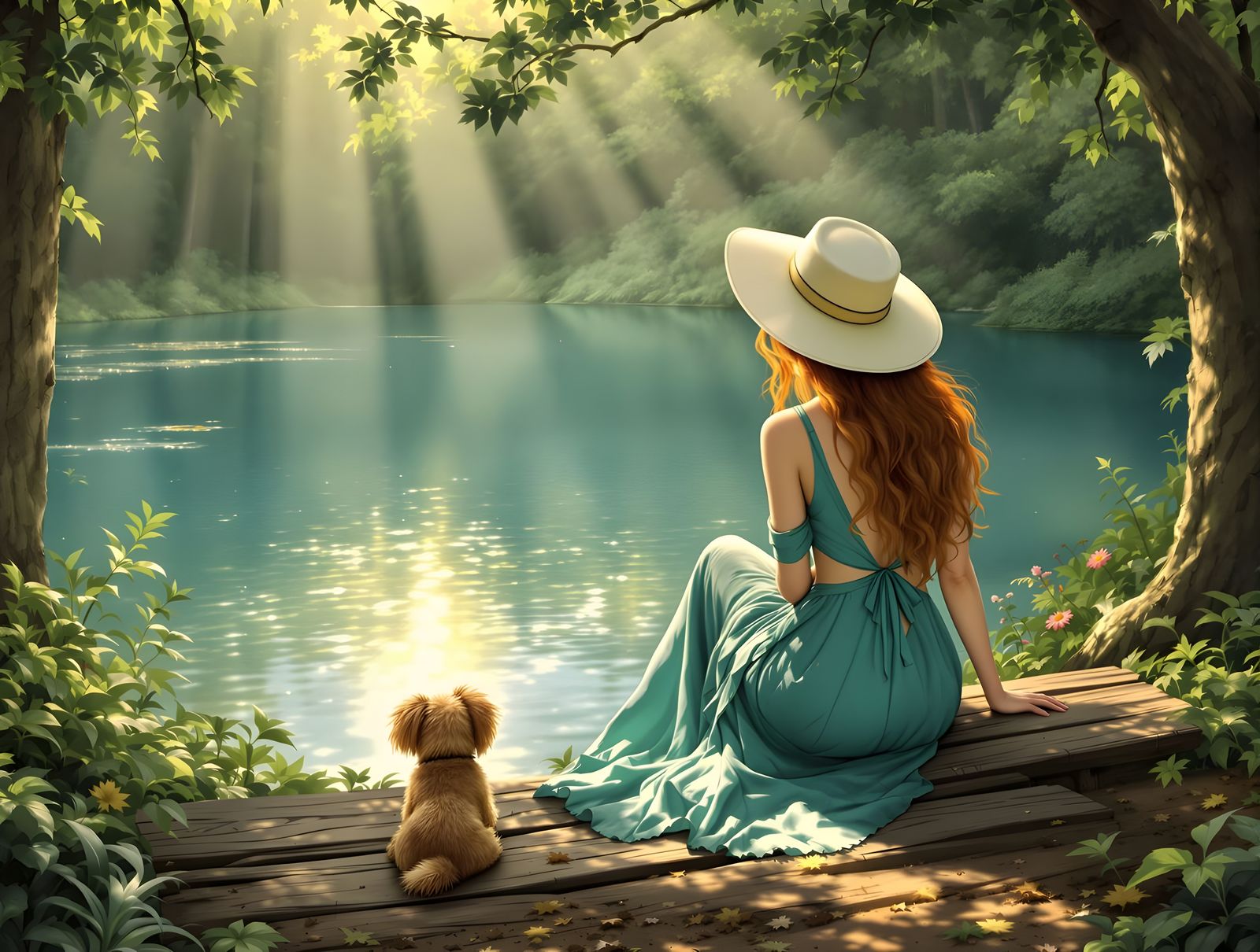 Irish Woman With Auburn Hair Gazes at Forest Lake