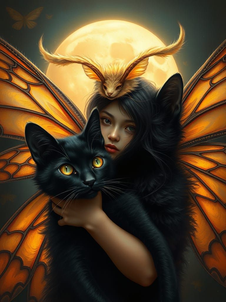 Golden Fairy and Winged Cat Portrait: Fantasy Realism