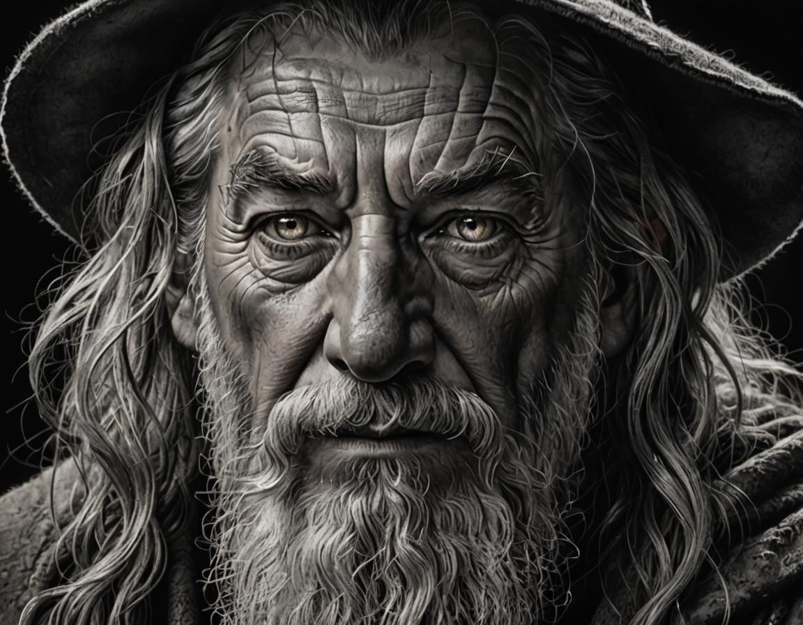 Detailed Charcoal Portrait of a Wizard with Intense Eyes