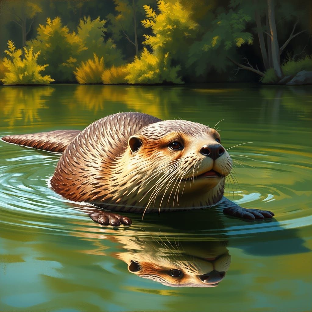 Giant Otter Swimming in Lake, Oil Painting Style