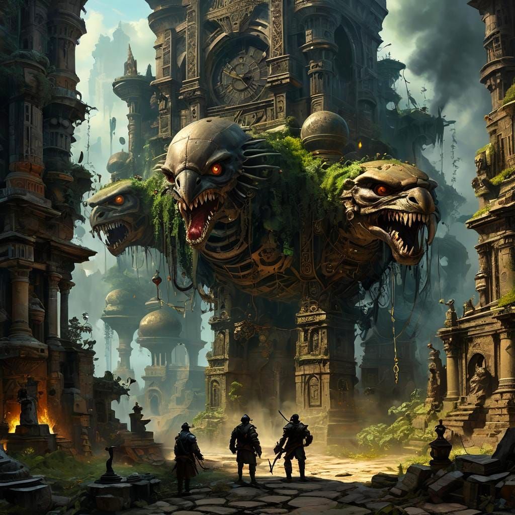 Clockwork Golem Battle in Decadent City Ruins