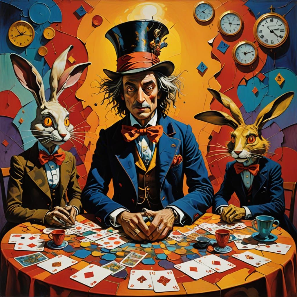 Surreal Dreamscapes: Mad Hatter's Tableau in Vibrant, Triadi...