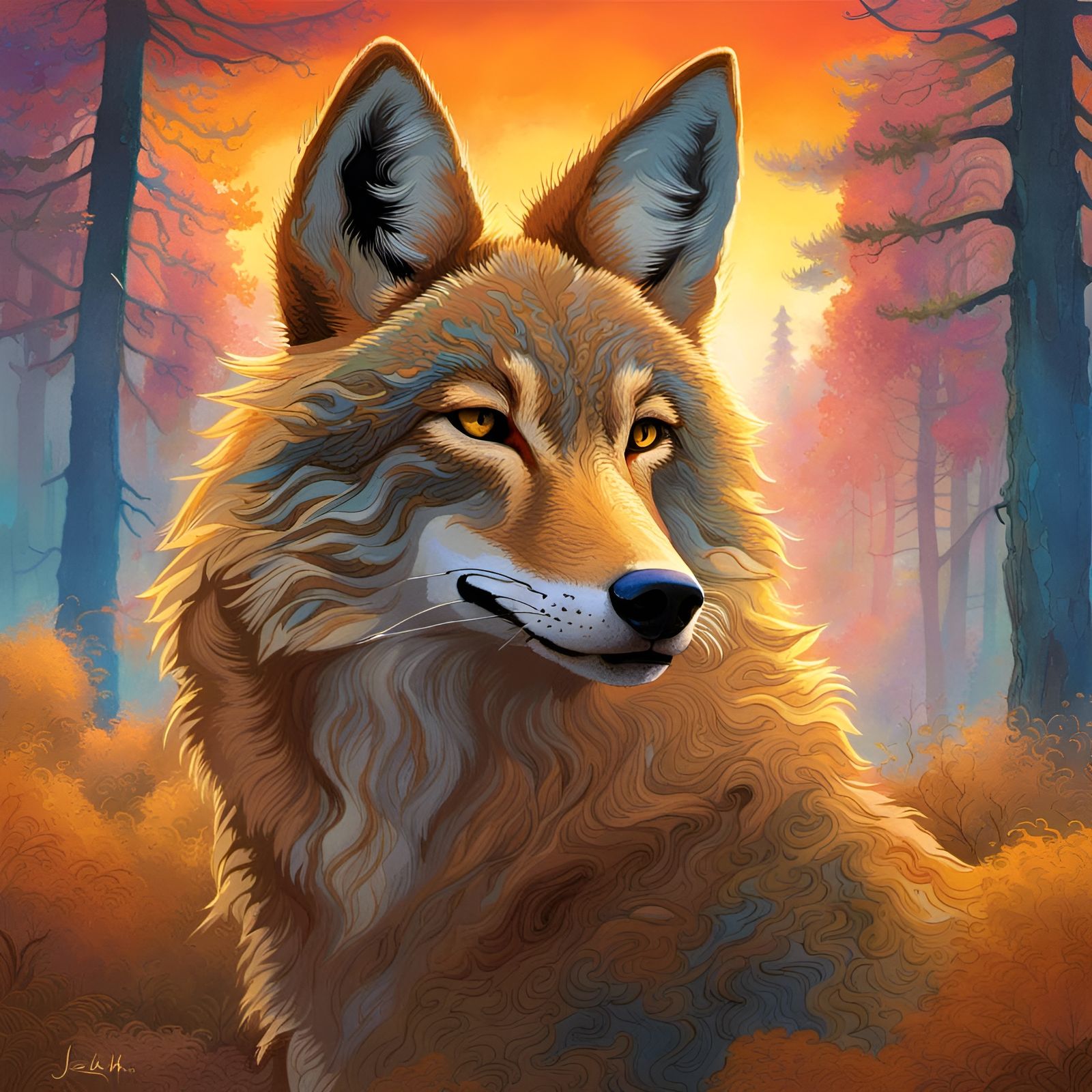 Coyote Portrait with Golden Eyes and Sunset