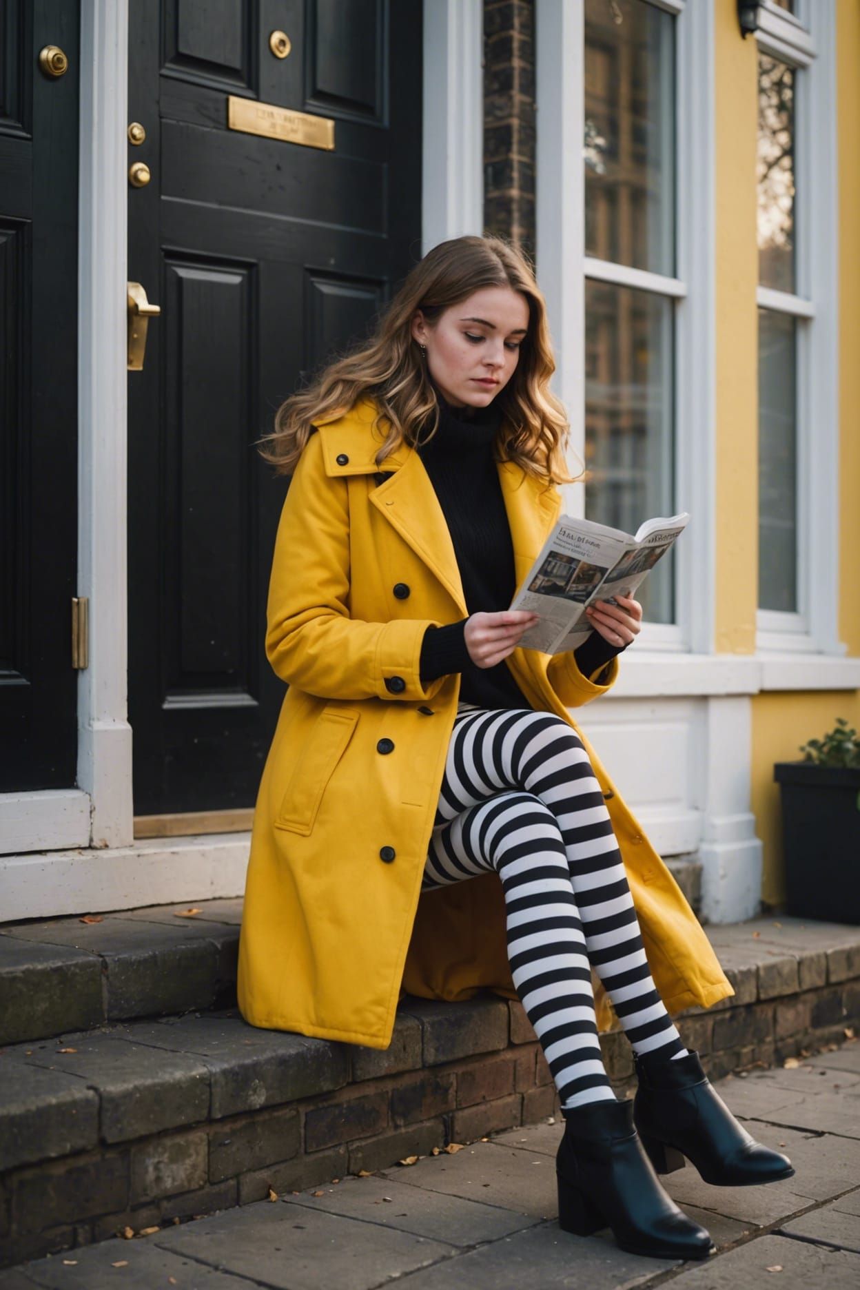 Woman in Striped Tights Reading at Sunrise