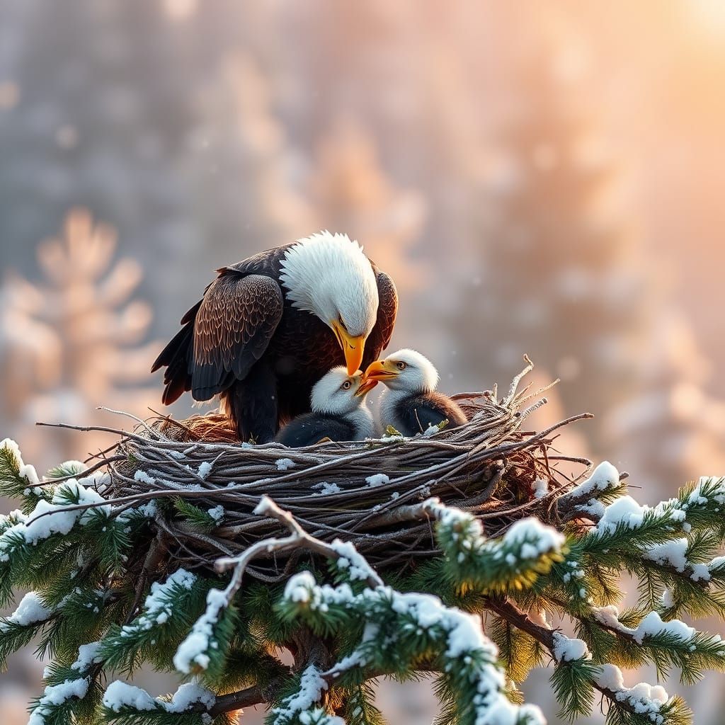 Motherly Love in a Snowy Bald Eagle Nest