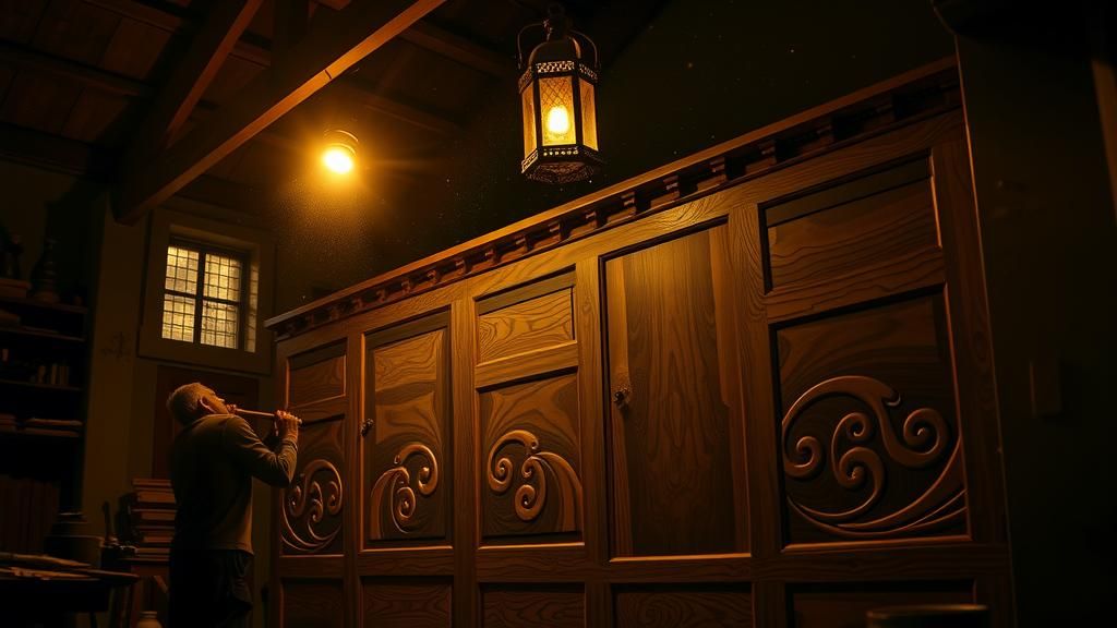 Craftsmen in Dimly Lit Workshop Carving Wooden Wall