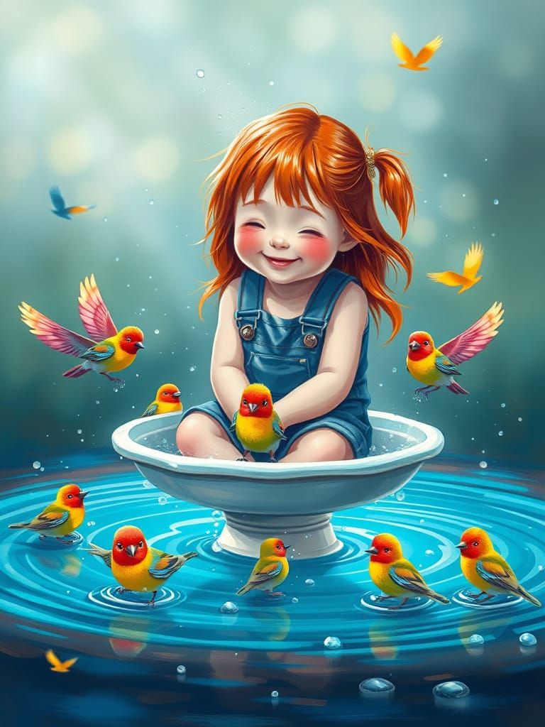 Girl's Birdbath: Vibrant Oil Painting in Ghibli Style