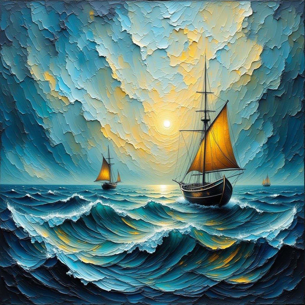 Impasto Seascape: Stormy Seas With Boat